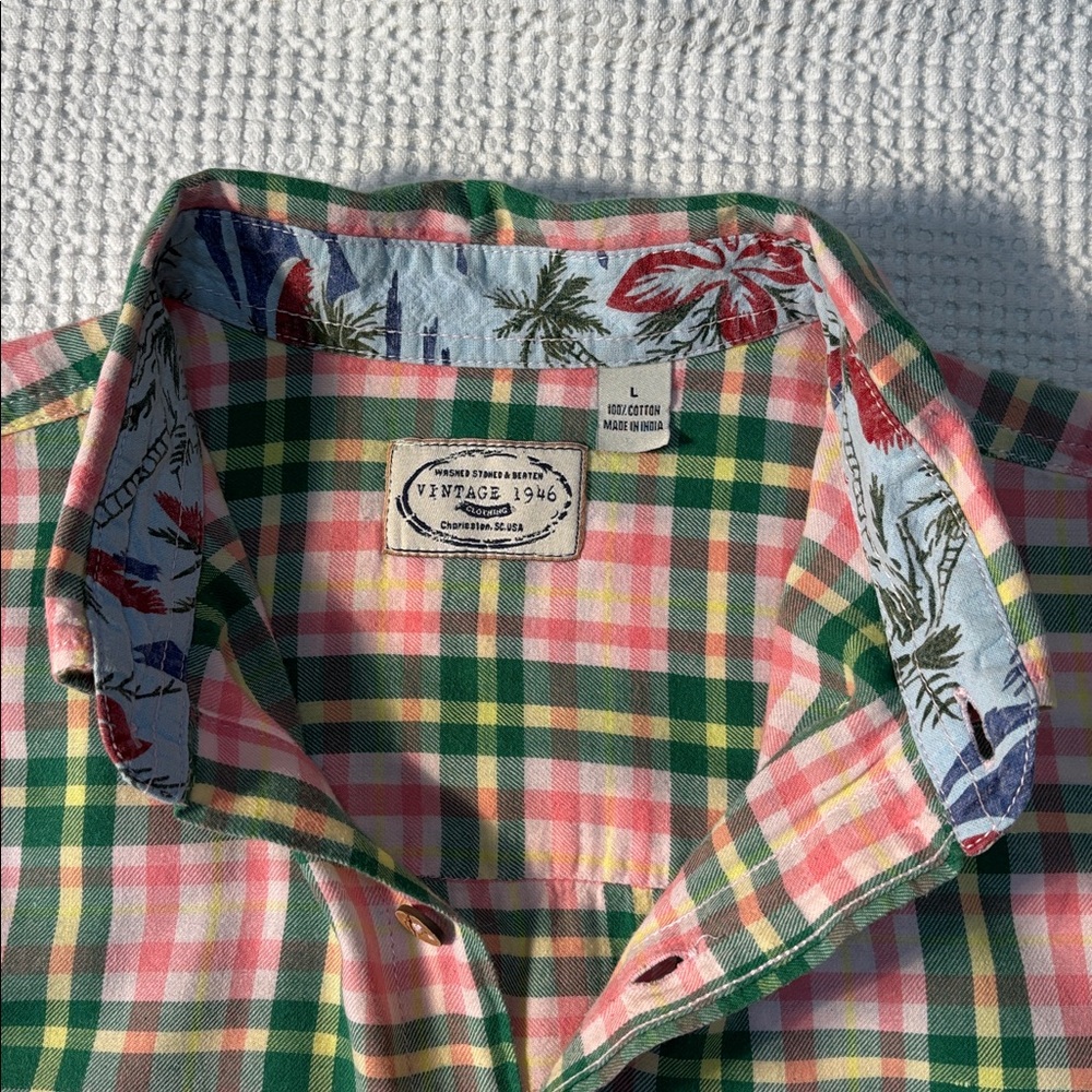 Vintage 1946 Preppy Plaid Button-Up Shirt Tropical Green Charleston Pink Lrg EUC - Picture 3 of 13